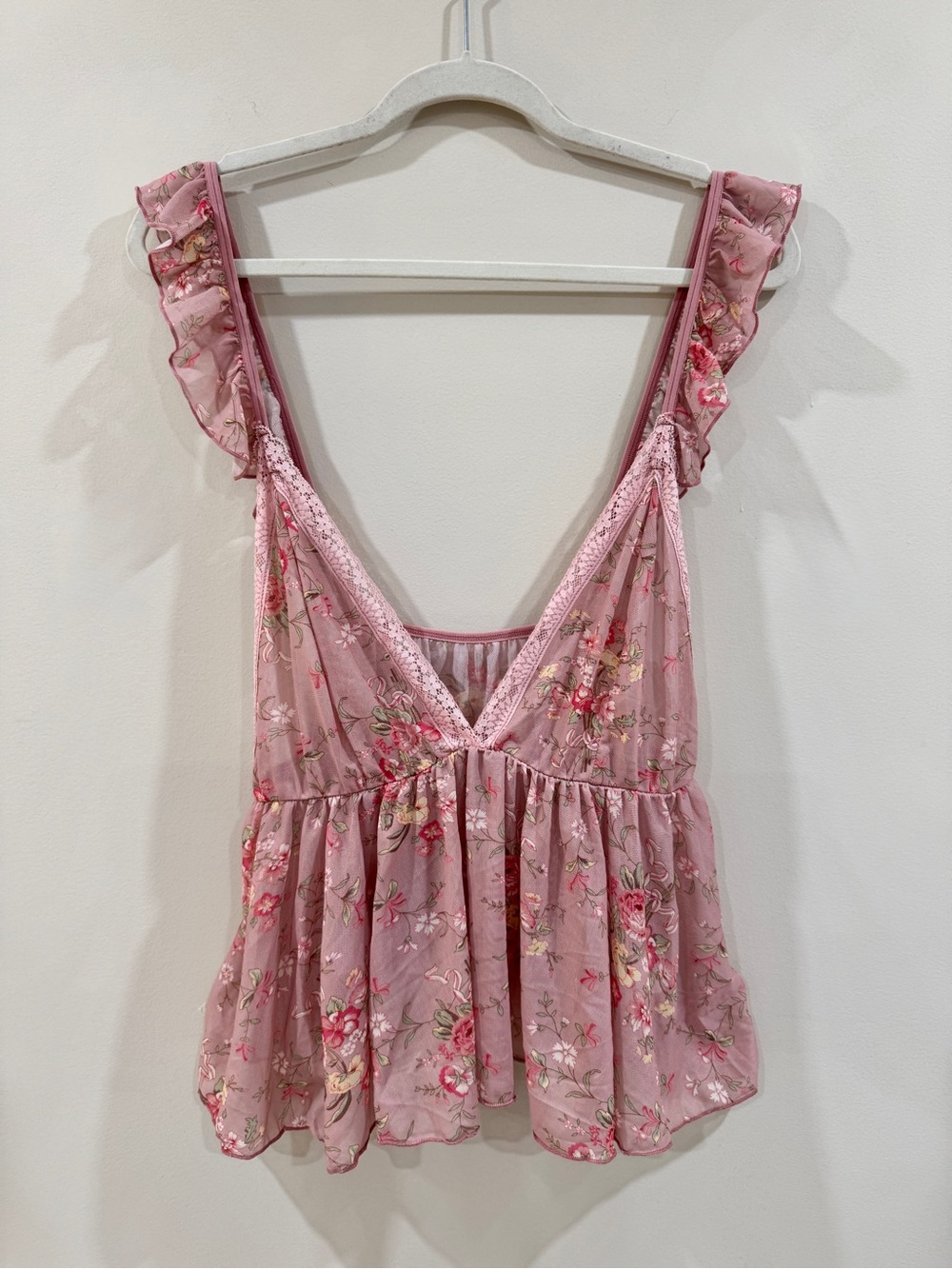 Sheer Floral Mesh Lace Trim Babydoll Top Ruffle Straps Rose Pink 1XL Coquette